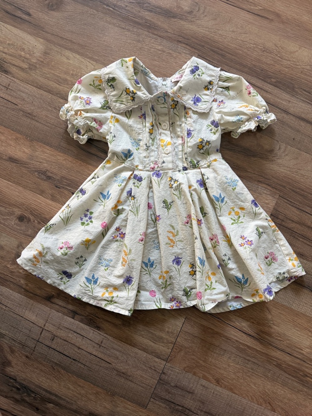 Cream Floral Puff-Sleeve Fit & Flare Dress